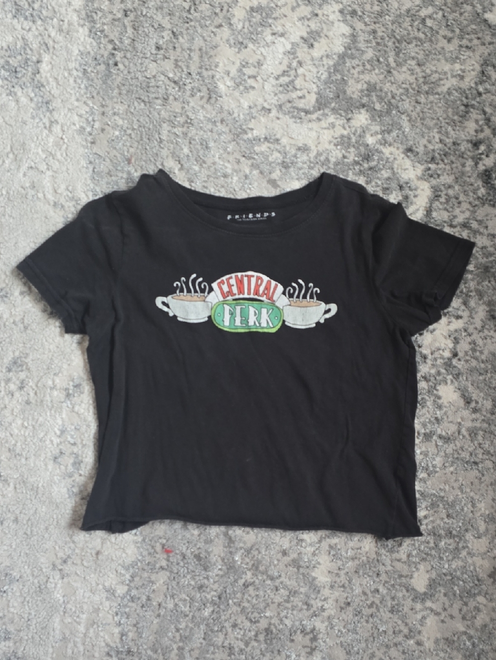 FRIENDS Black Short Sleeve Tee with Central Perk Logo (Red & Green Accents)